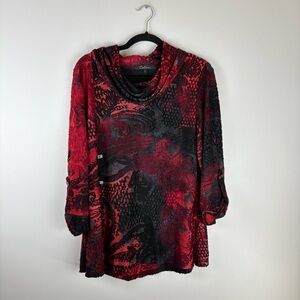 Caleaas Blouse Top Womens Large Floral Velvet 3/4 Roll Tab Sleeve Cowl Neck Red